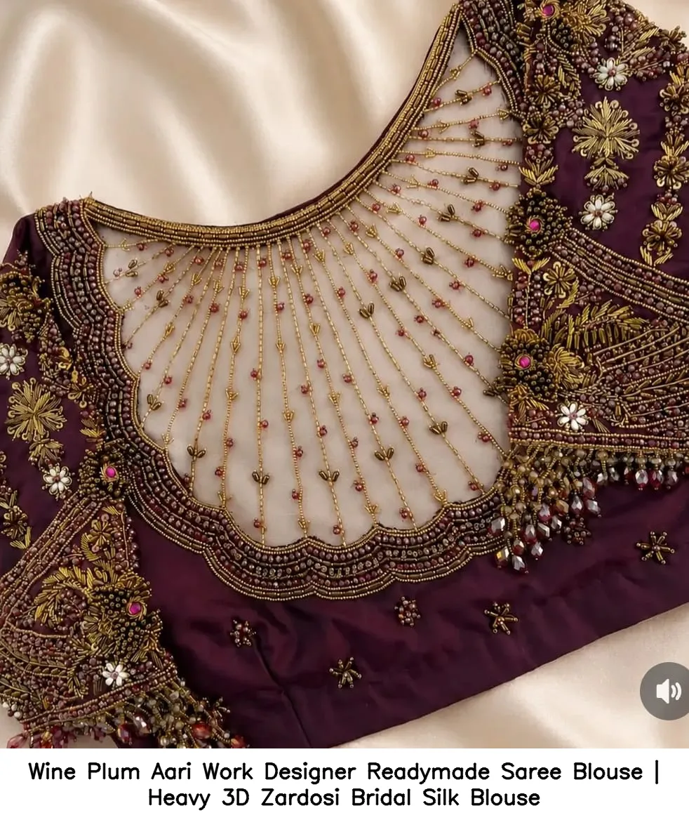 Wine Plum Aari Work Designer Readymade Saree Blouse | Heavy 3D Zardosi Bridal Silk Blouse 2
