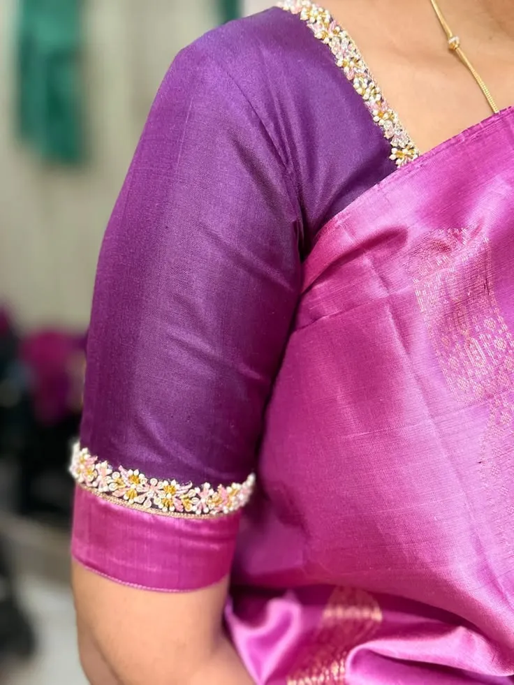 Wine Purple Raw Silk Blouse | Hand Embroidered Floral Neckline & Pink Cuff Border 1