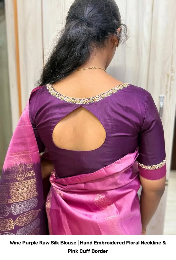 Wine Purple Raw Silk Blouse | Hand Embroidered Floral Neckline & Pink Cuff Border 2