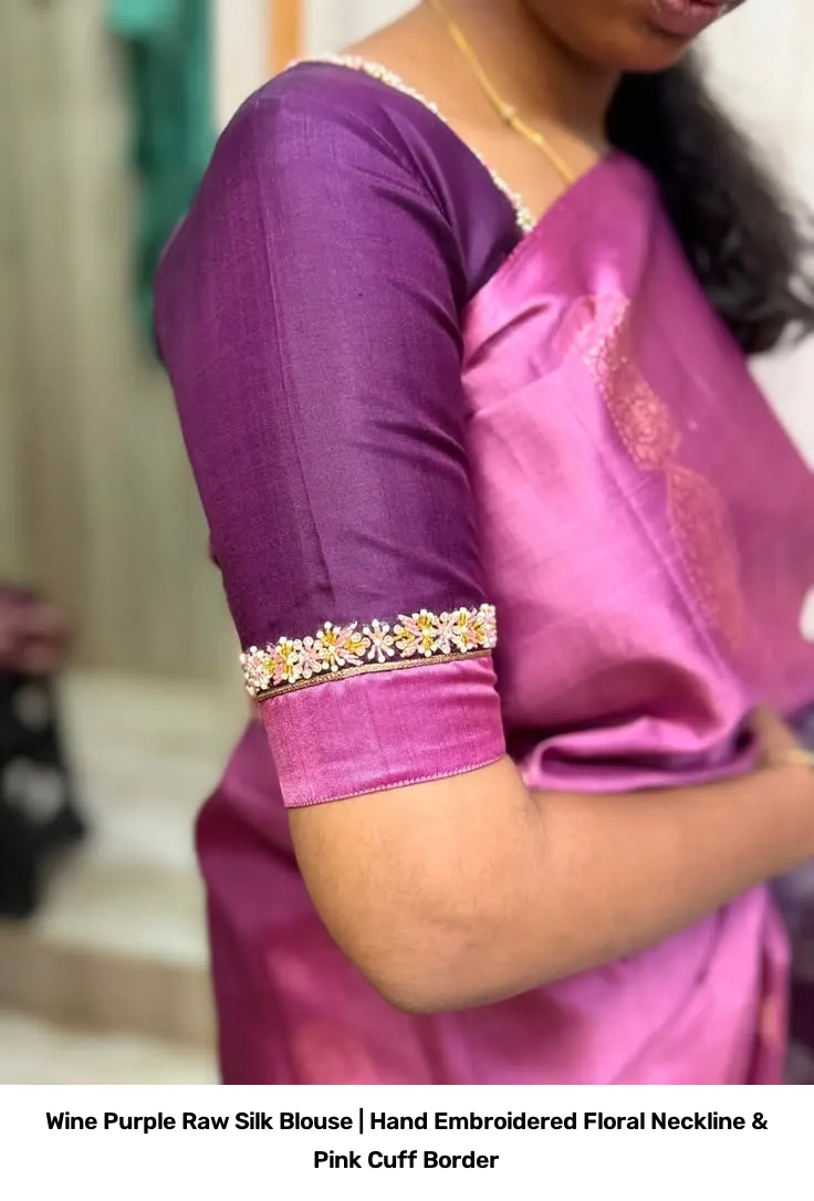 Wine Purple Raw Silk Blouse | Hand Embroidered Floral Neckline & Pink Cuff Border 3