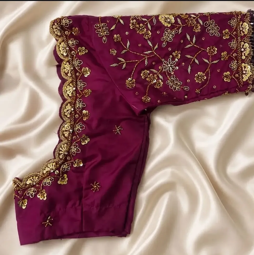Wine Purple Silk Bridal Blouse | Handcrafted Floral Maggam Work, Zardosi & Scalloped Neck Saree Blouse
