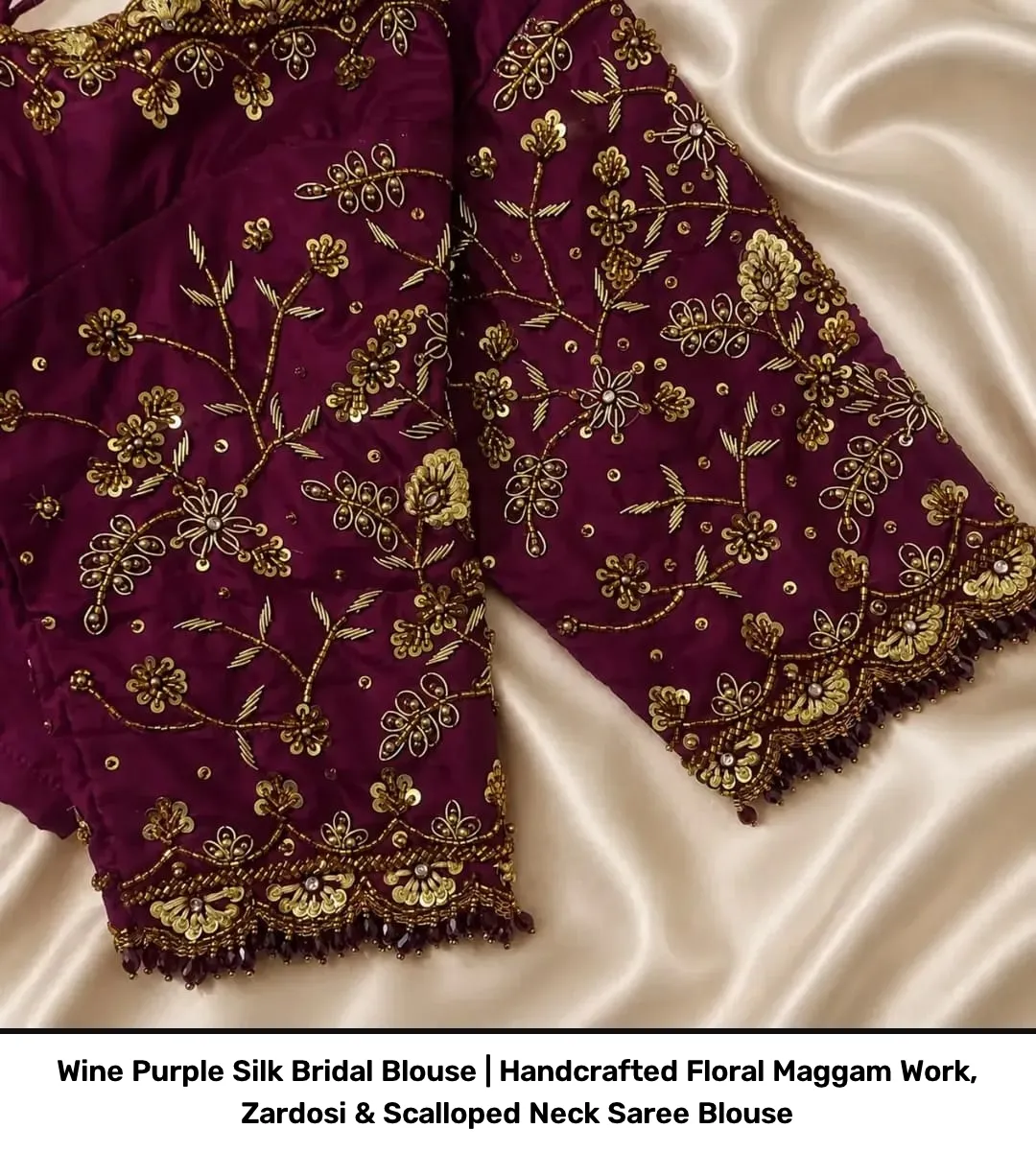 Wine Purple Silk Bridal Blouse | Handcrafted Floral Maggam Work, Zardosi & Scalloped Neck Saree Blouse 2