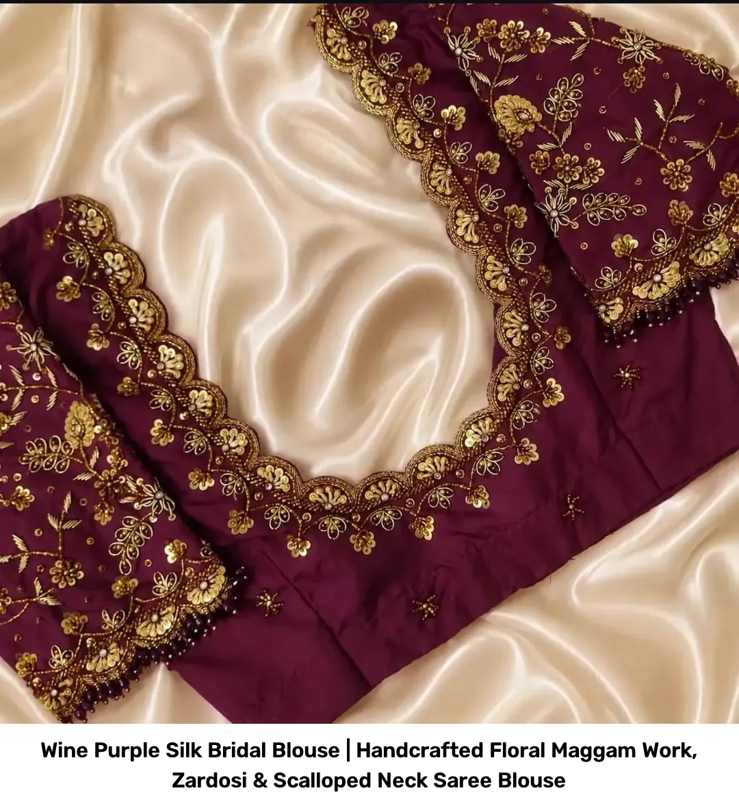 Wine Purple Silk Bridal Blouse | Handcrafted Floral Maggam Work, Zardosi & Scalloped Neck Saree Blouse 3