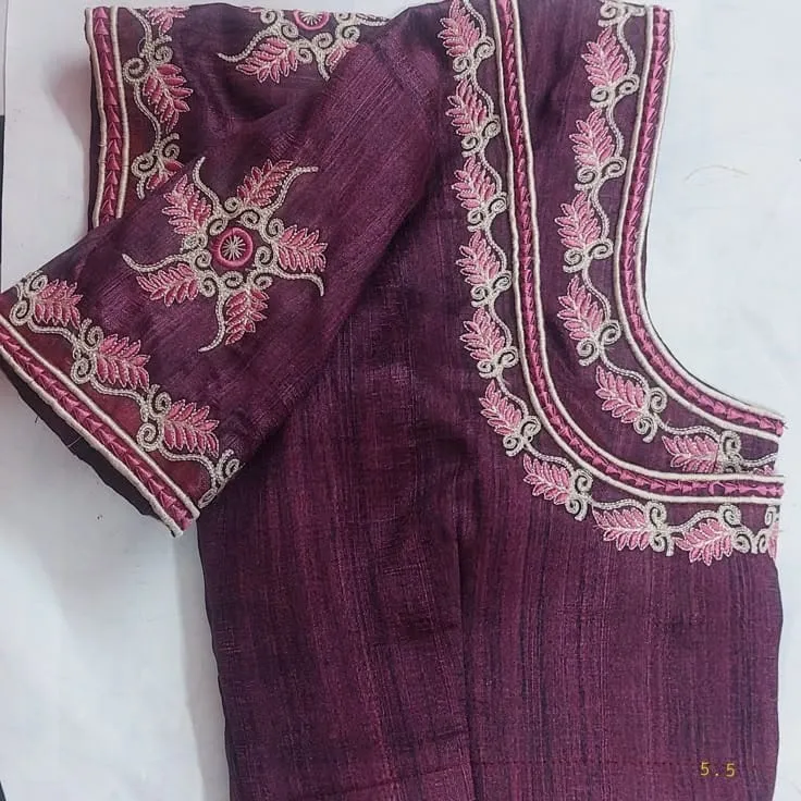 Wine Purple Silk Computer Embroidery Blouse | Pink Leaf Vine Machine Work Readymade Saree Blouse with Sleeve Motif 1