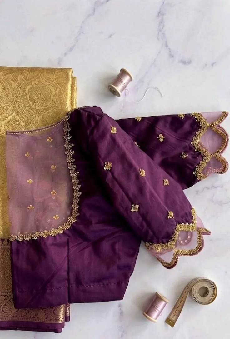 Wine Purple Silk Net Back Blouse | Sheer Organza Scallop Sleeve Embroidery Readymade Saree Blouse 1
