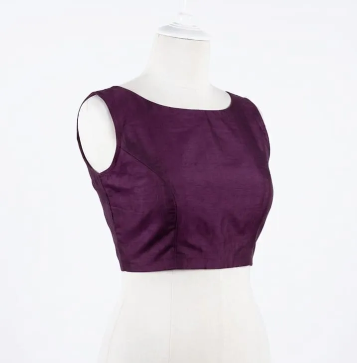 Wine Purple Sleeveless Raw Silk Saree Blouse with Princess Cut & Back Keyhole Cutout 1