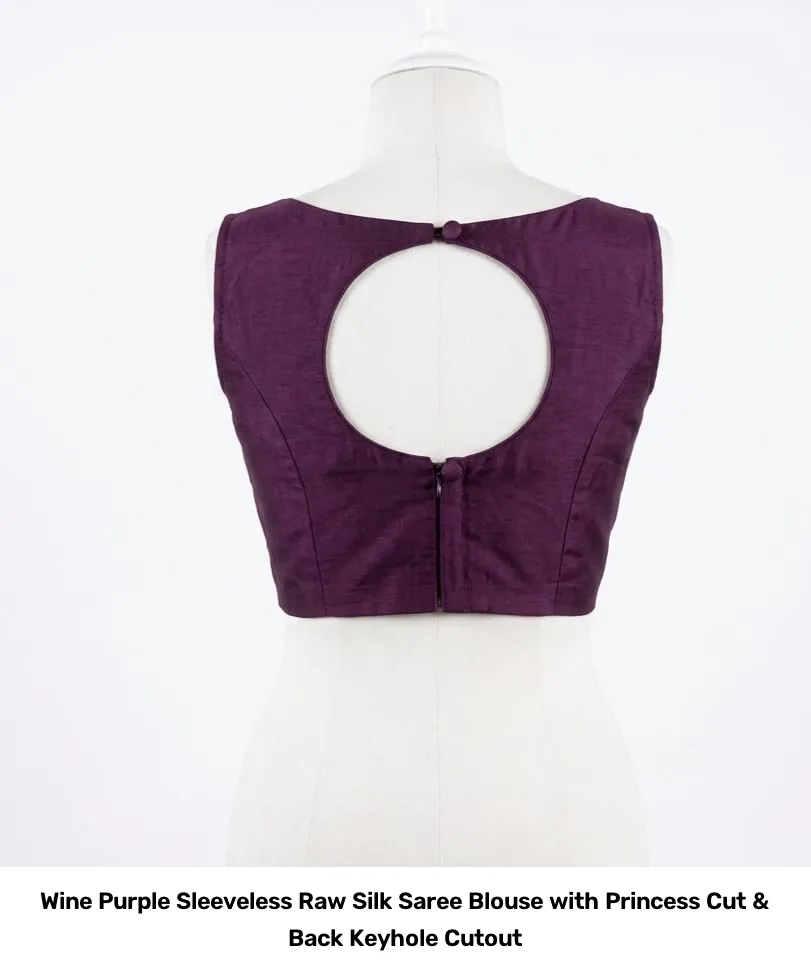 Wine Purple Sleeveless Raw Silk Saree Blouse with Princess Cut & Back Keyhole Cutout 2