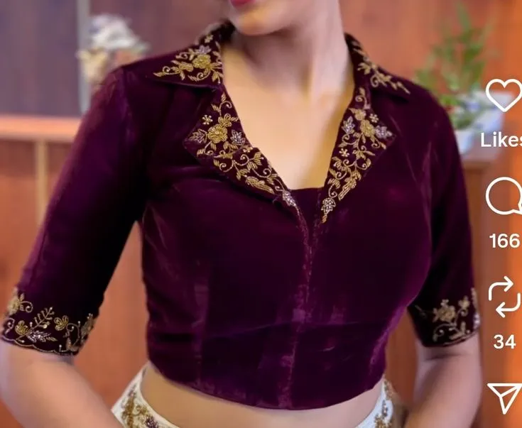Wine Purple Velvet Collar Blouse | Designer Lapel Neck Embroidered Saree Blouse & Fusion Lehenga Crop Top