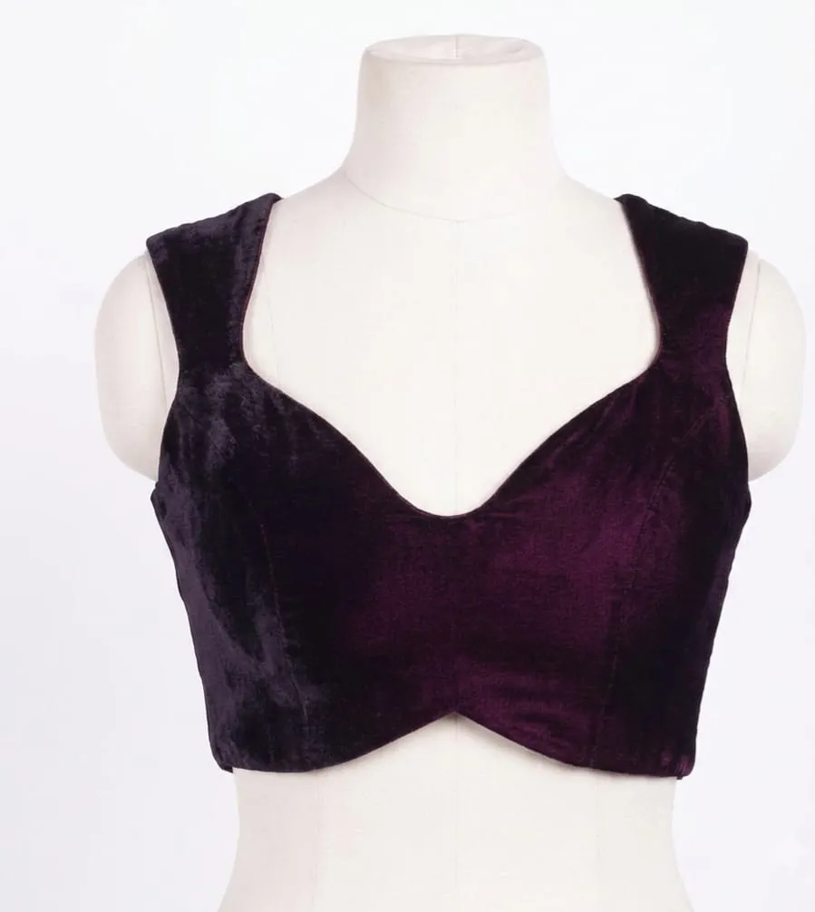 Wine Purple Velvet Saree Blouse | Sweetheart Neck Sleeveless Readymade Crop Top with Back Button Detail
