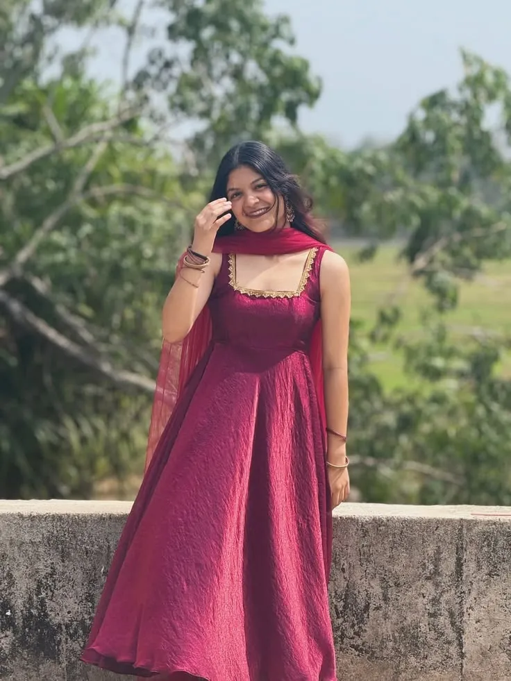 Wine Red Flared Anarkali Gown with Embroidered Square Neck & Chiffon Dupatta – Festive Party Wear Long Dress