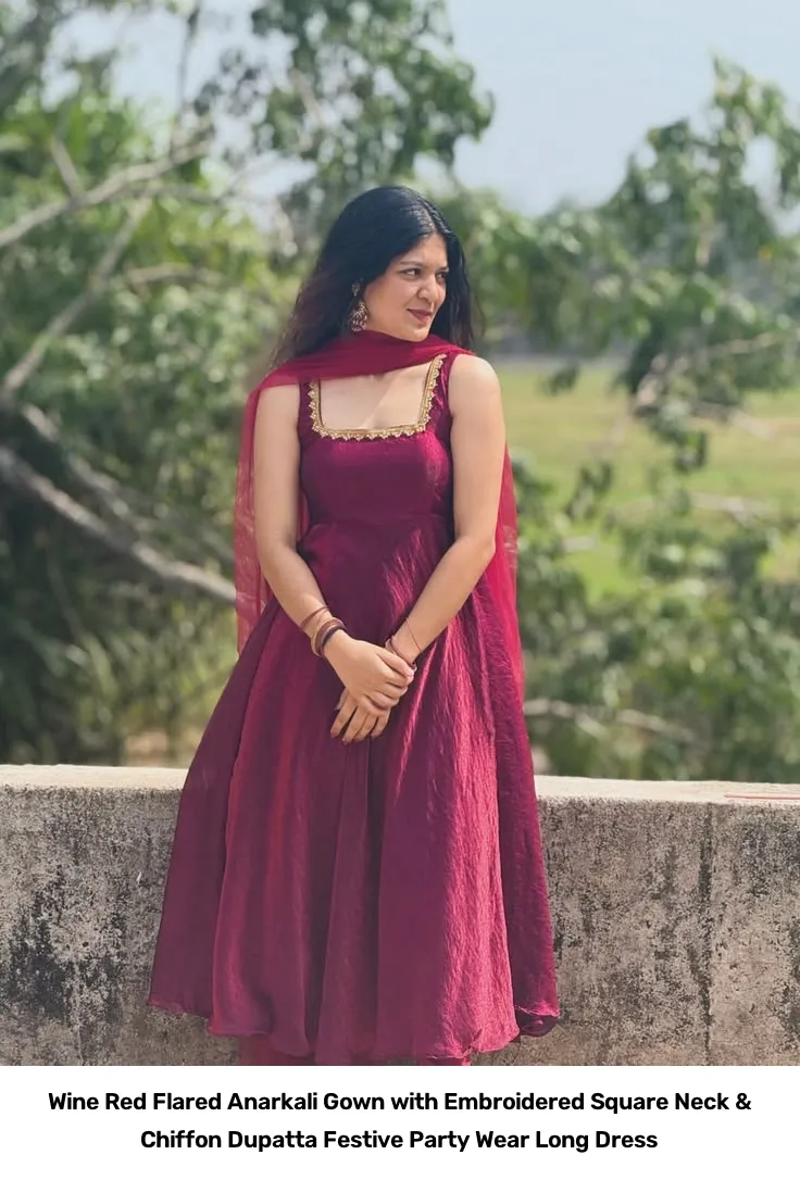 Wine Red Flared Anarkali Gown with Embroidered Square Neck & Chiffon Dupatta – Festive Party Wear Long Dress 2