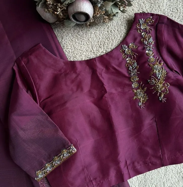 Wine Silk Saree Blouse | Handcrafted Dual-Tone Gold & Silver Floral Vines Shoulder Maggam Work Blouse 1