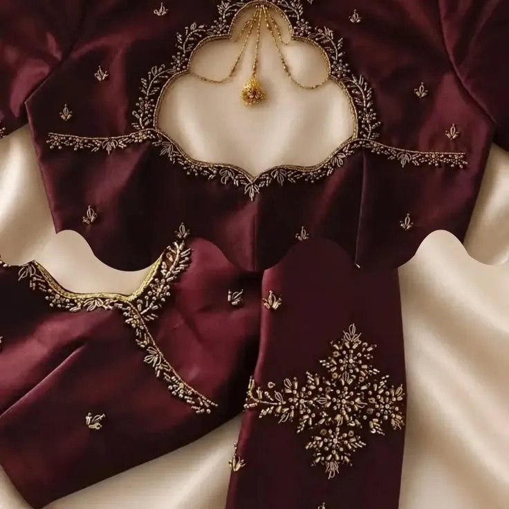 Wine Silk Saree Blouse | Heavy Hand Embroidered Gold Leaf Maggam Work & Jhumka Detail