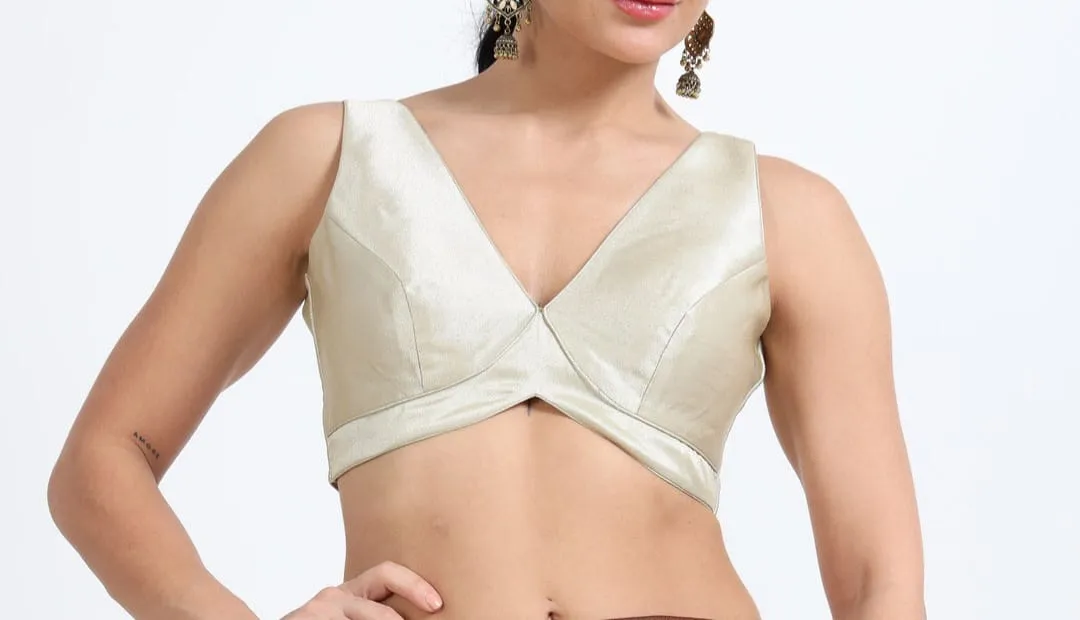 Women's Champagne Gold Satin Silk Readymade Blouse | Deep V-Neck Sleeveless Padded Saree Blouse with Back Hook Closu 1