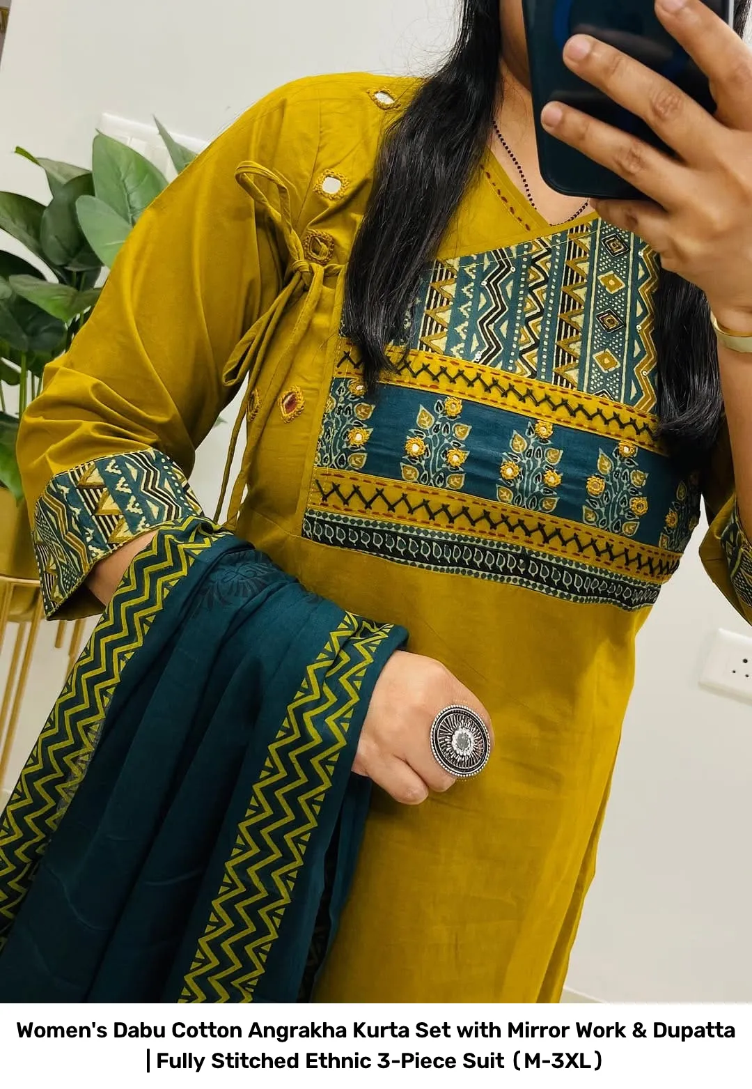 Women's Dabu Cotton Angrakha Kurta Set with Mirror Work & Dupatta | Fully Stitched Ethnic 3-Piece Suit (M-3XL) 2
