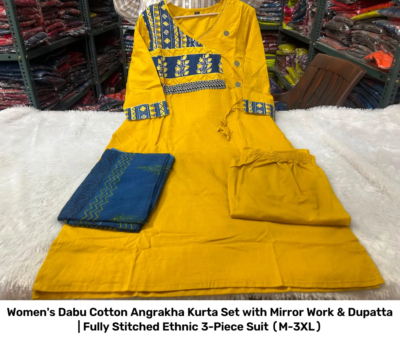 Women's Dabu Cotton Angrakha Kurta Set with Mirror Work & Dupatta | Fully Stitched Ethnic 3-Piece Suit (M-3XL) 4