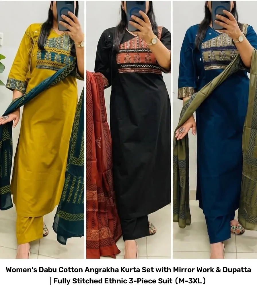 Women's Dabu Cotton Angrakha Kurta Set with Mirror Work & Dupatta | Fully Stitched Ethnic 3-Piece Suit (M-3XL) 5
