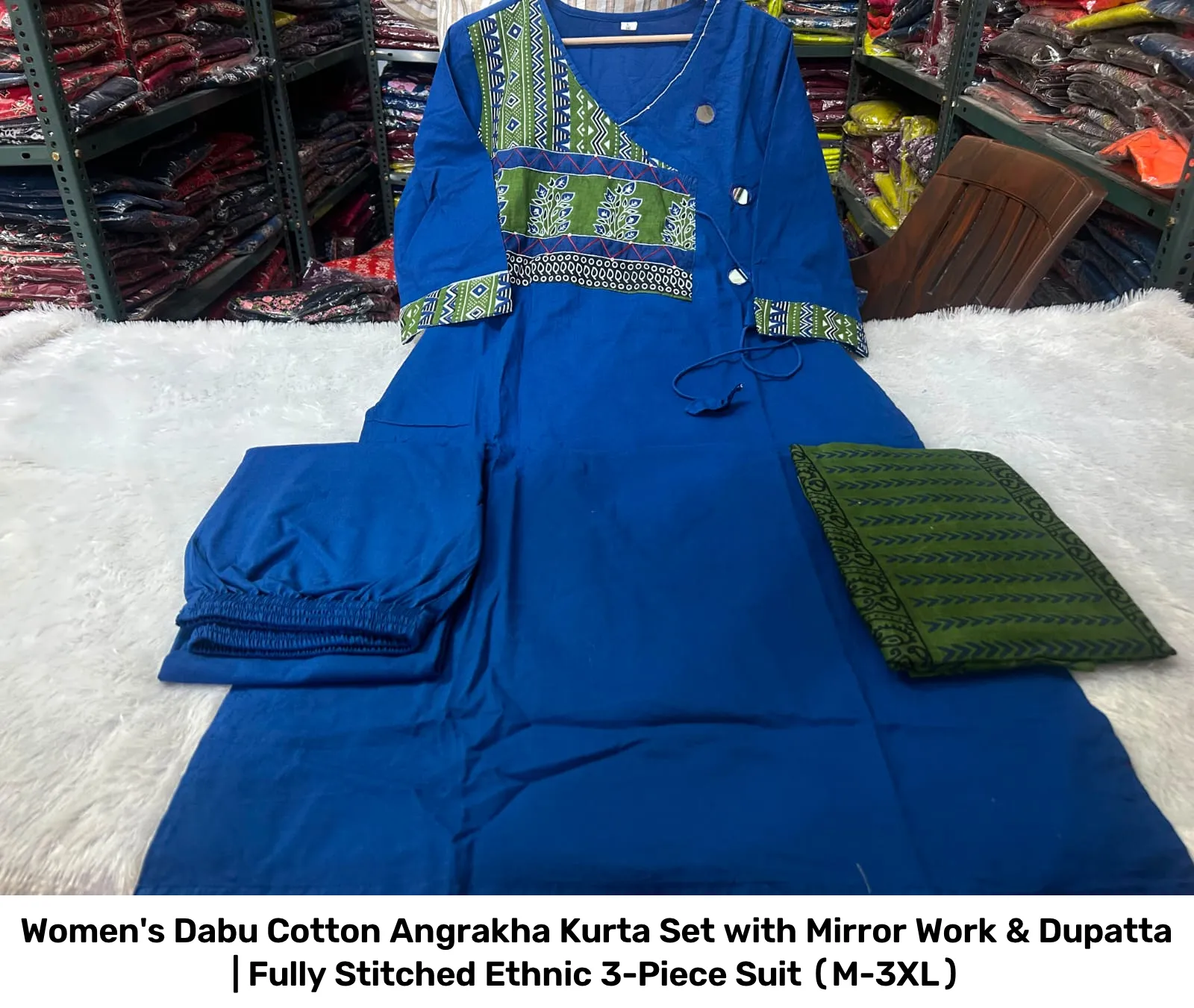 Women's Dabu Cotton Angrakha Kurta Set with Mirror Work & Dupatta | Fully Stitched Ethnic 3-Piece Suit (M-3XL) 7