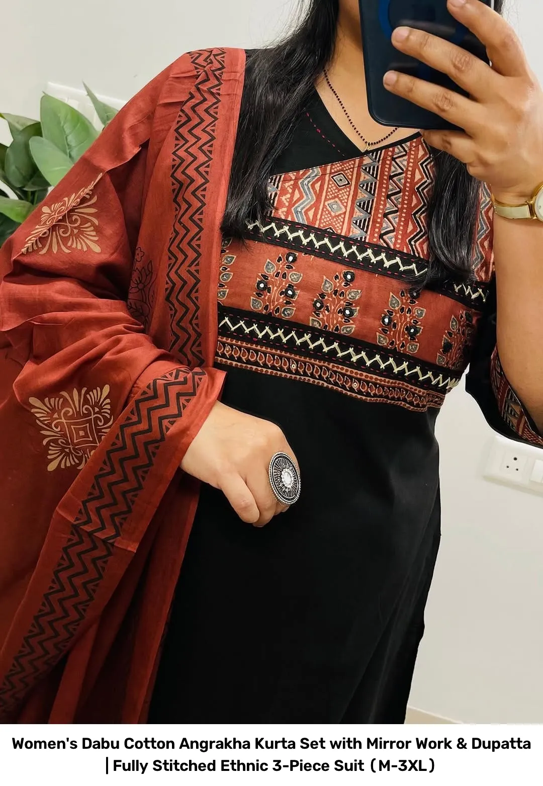 Women's Dabu Cotton Angrakha Kurta Set with Mirror Work & Dupatta | Fully Stitched Ethnic 3-Piece Suit (M-3XL) 9