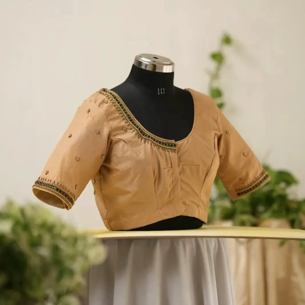 Women's Golden Beige Raw Silk Saree Blouse – Green Stone & Bead Maggam Work Readymade Bridal Choli