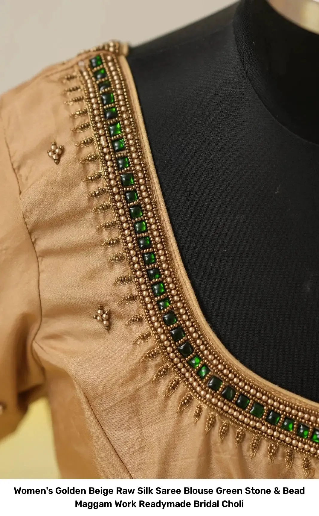 Women's Golden Beige Raw Silk Saree Blouse – Green Stone & Bead Maggam Work Readymade Bridal Choli 2