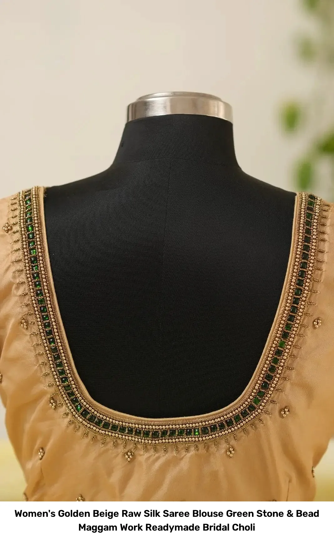 Women's Golden Beige Raw Silk Saree Blouse – Green Stone & Bead Maggam Work Readymade Bridal Choli 3