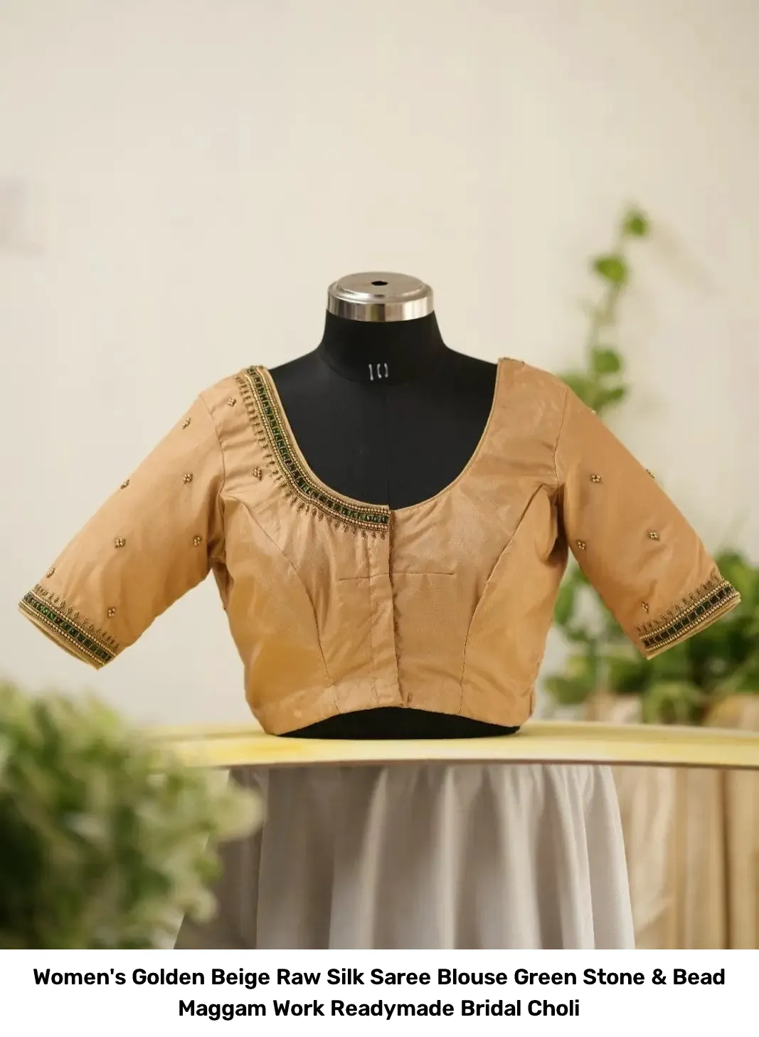 Women's Golden Beige Raw Silk Saree Blouse – Green Stone & Bead Maggam Work Readymade Bridal Choli 4