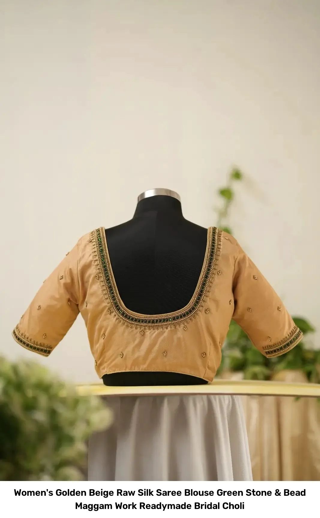 Women's Golden Beige Raw Silk Saree Blouse – Green Stone & Bead Maggam Work Readymade Bridal Choli 5
