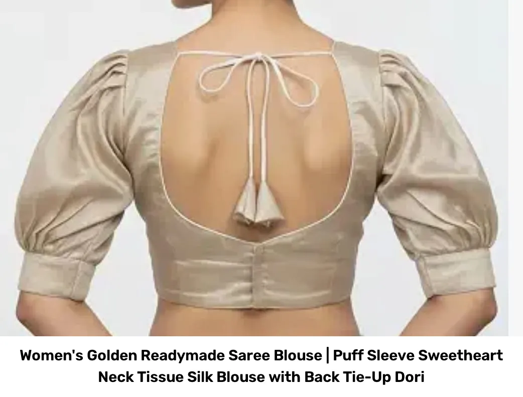 Women's Golden Readymade Saree Blouse | Puff Sleeve Sweetheart Neck Tissue Silk Blouse with Back Tie-Up Dori 2