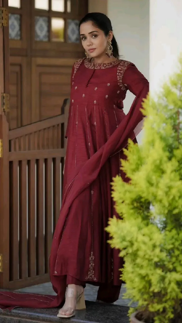 Women's Maroon Raw Silk Anarkali Kurta Set with Dupatta | Embroidered Round Neck A-Line Long Kurti with Pant for Festive & Party Wear