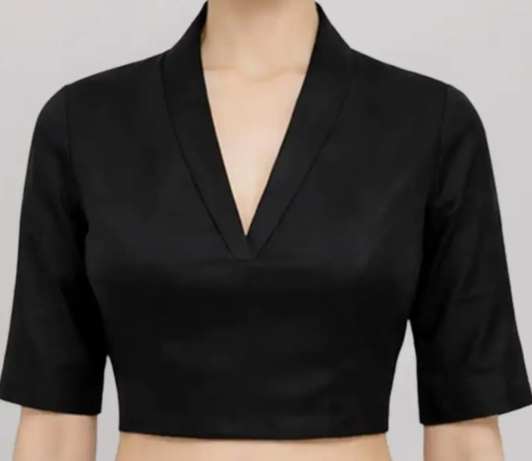 Women's Plain Black Readymade Saree Blouse | Deep V-Neck Collar Style Elbow Sleeve Crop Top Blouse 1