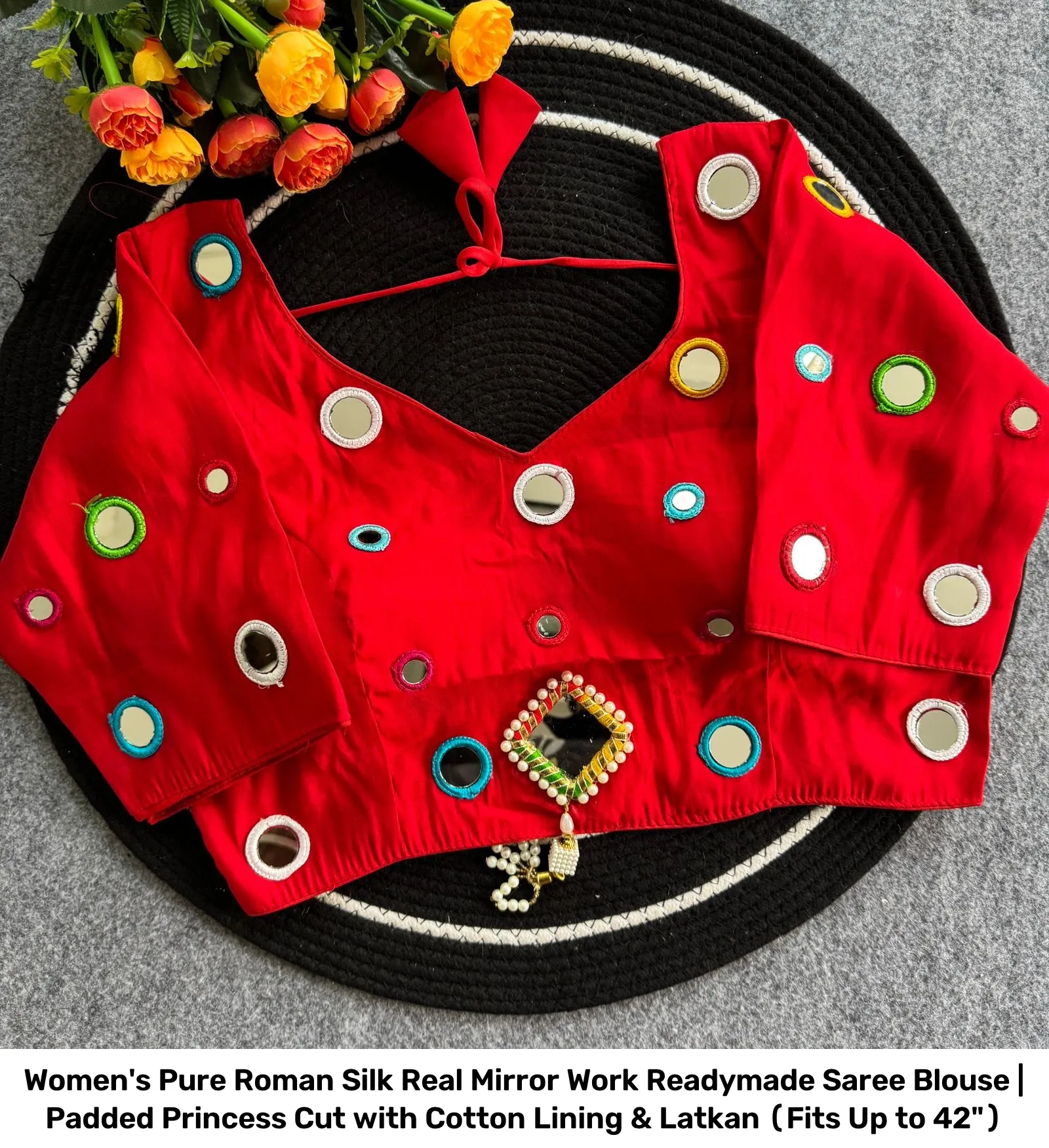 Women's Pure Roman Silk Real Mirror Work Readymade Saree Blouse | Padded Princess Cut with Cotton Lining & Latkan (Fits Up to 42") 10