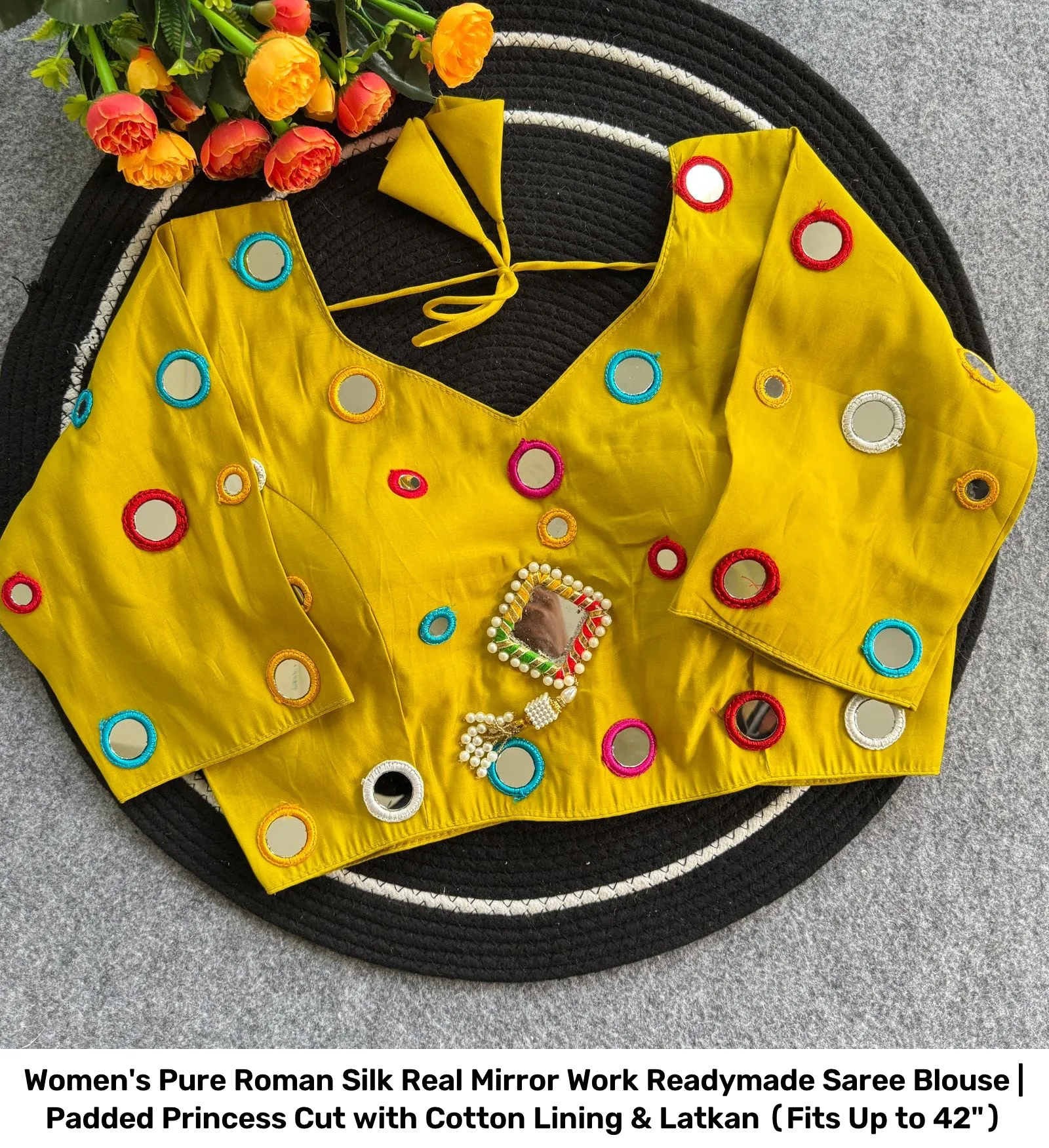 Women's Pure Roman Silk Real Mirror Work Readymade Saree Blouse | Padded Princess Cut with Cotton Lining & Latkan (Fits Up to 42") 12