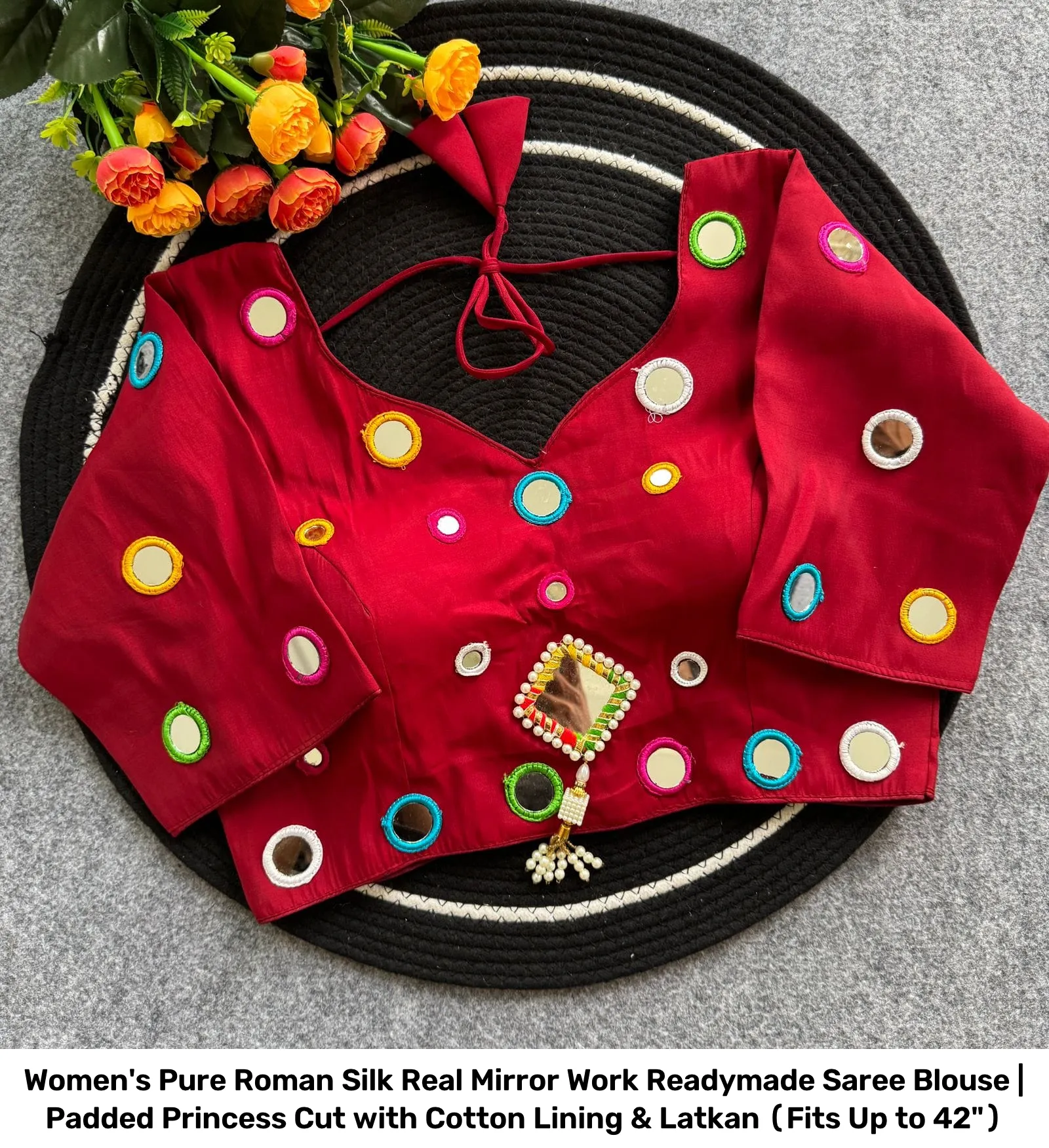 Women's Pure Roman Silk Real Mirror Work Readymade Saree Blouse | Padded Princess Cut with Cotton Lining & Latkan (Fits Up to 42") 8