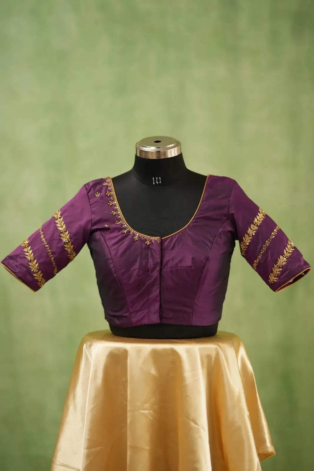 Women's Purple Raw Silk Saree Blouse – Gold Zari & Bead Embroidered Readymade Bridal Choli 1