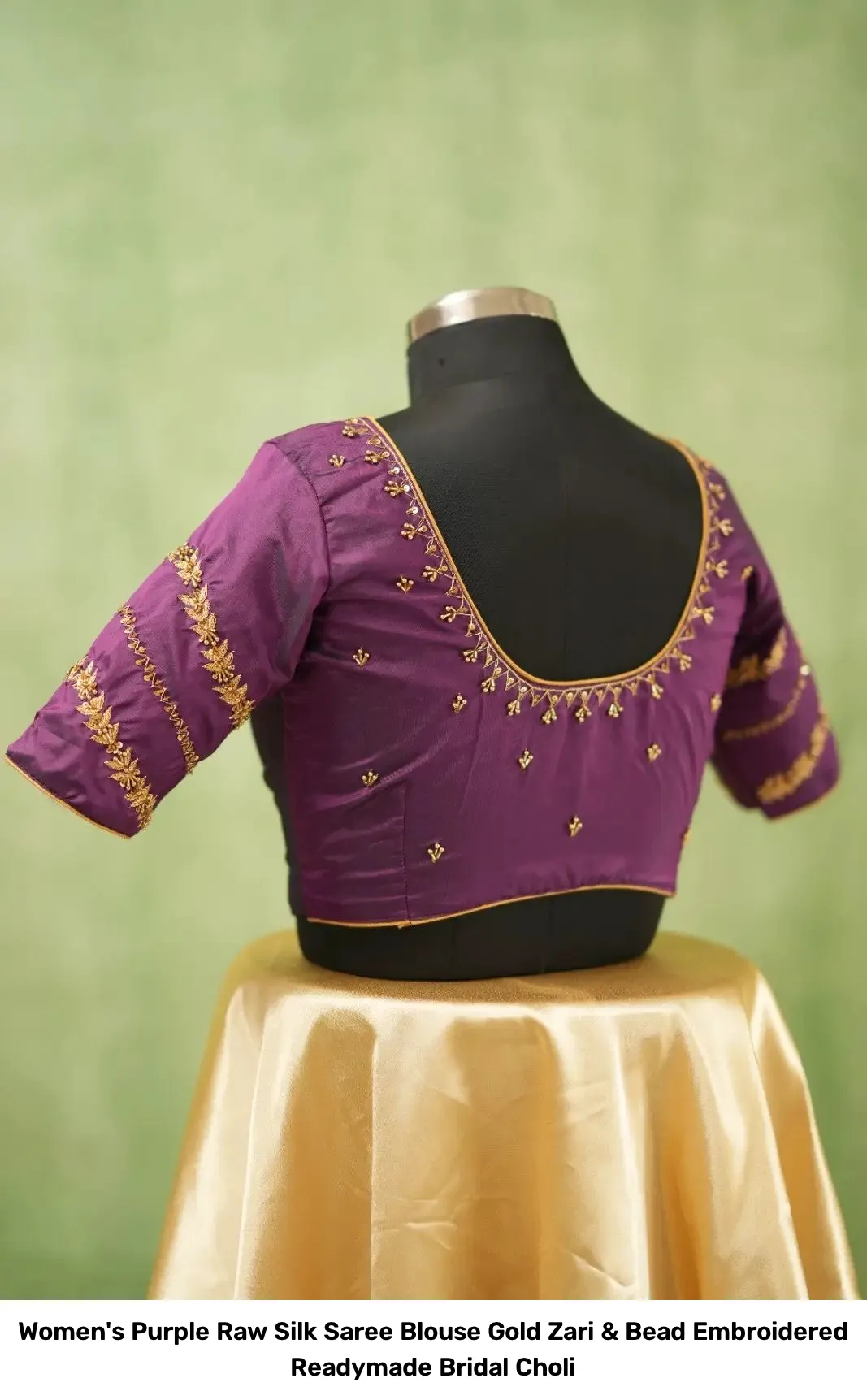 Women's Purple Raw Silk Saree Blouse – Gold Zari & Bead Embroidered Readymade Bridal Choli 2