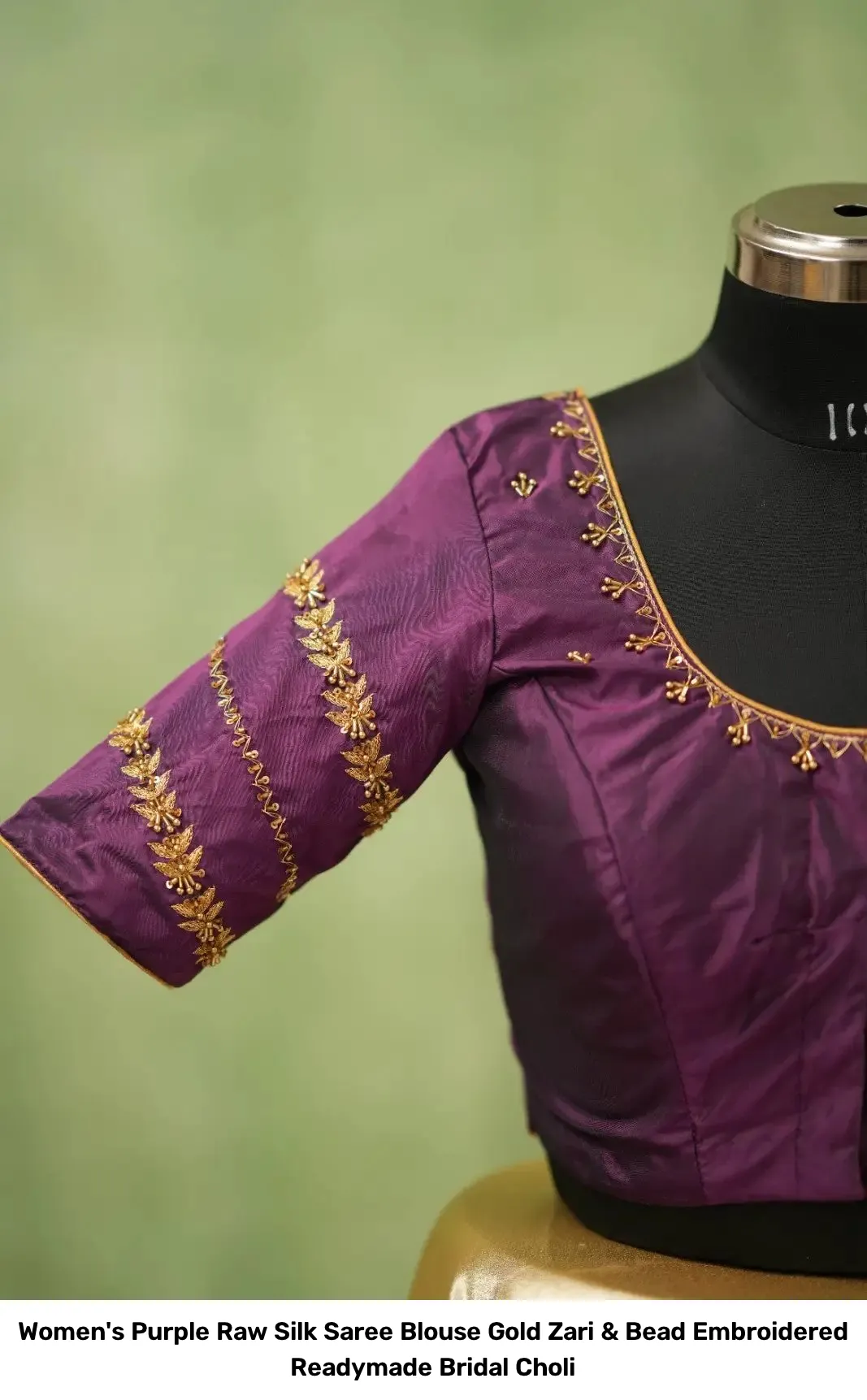 Women's Purple Raw Silk Saree Blouse – Gold Zari & Bead Embroidered Readymade Bridal Choli 3