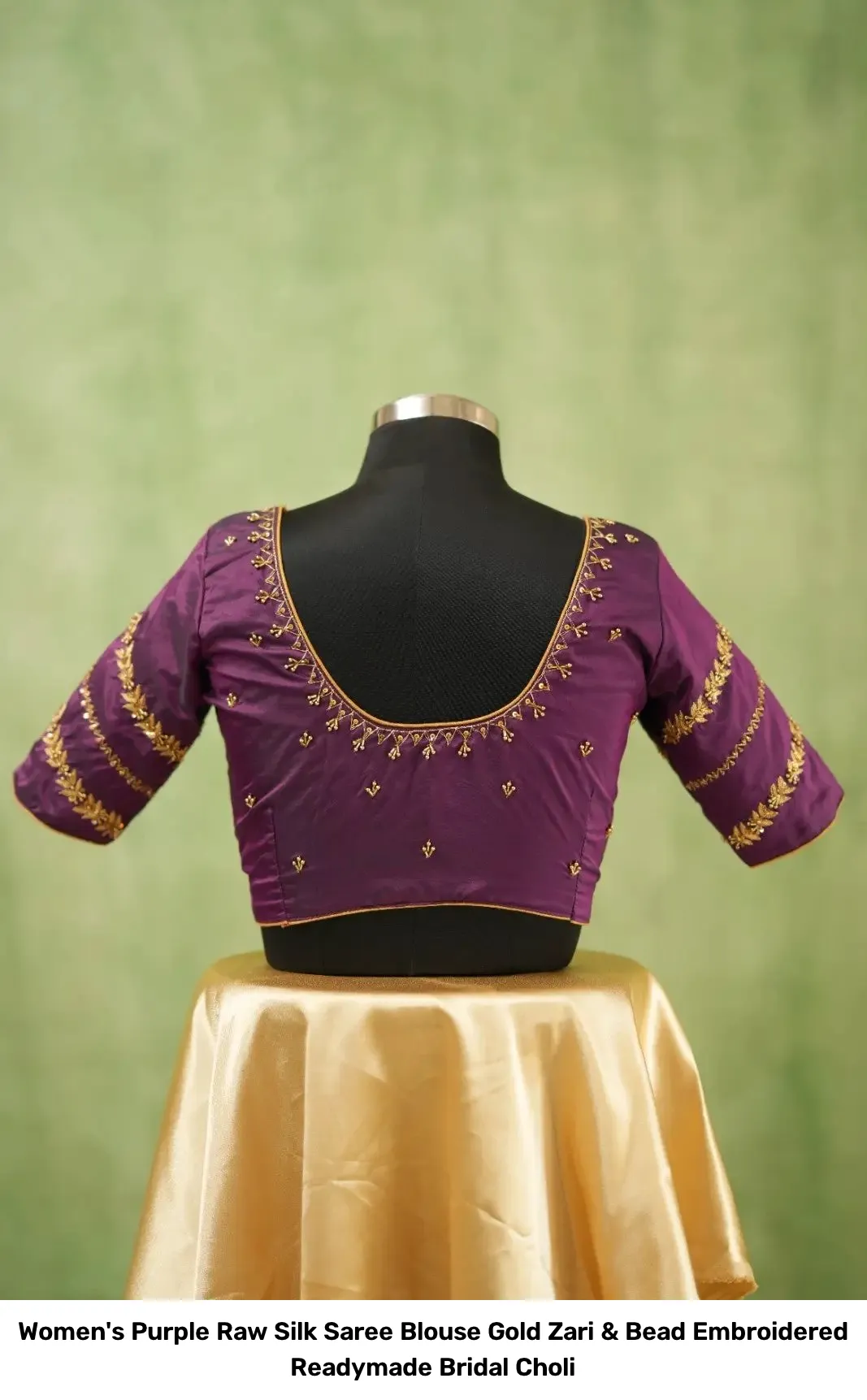 Women's Purple Raw Silk Saree Blouse – Gold Zari & Bead Embroidered Readymade Bridal Choli 4