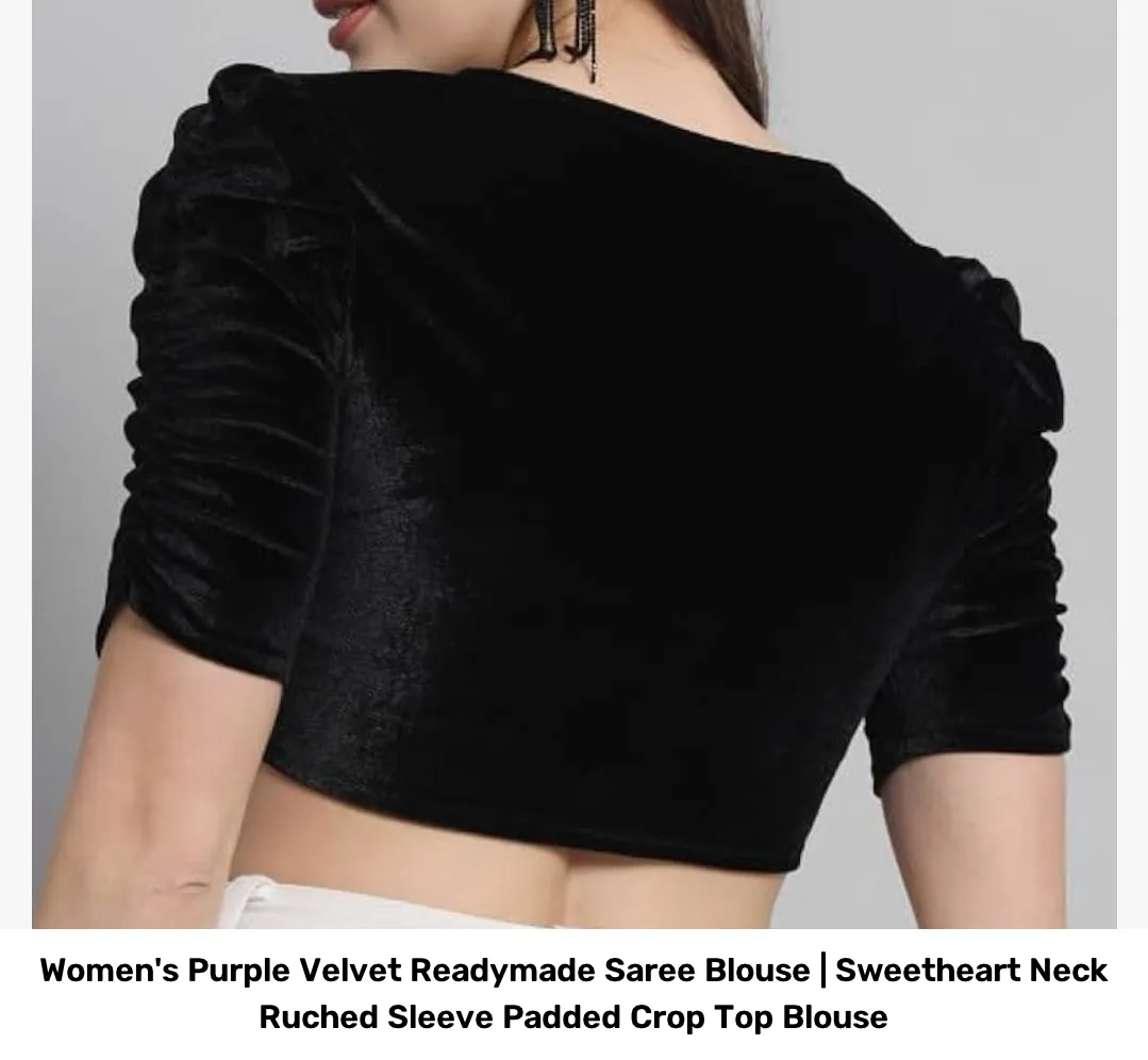 Women's Purple Velvet Readymade Saree Blouse | Sweetheart Neck Ruched Sleeve Padded Crop Top Blouse 3