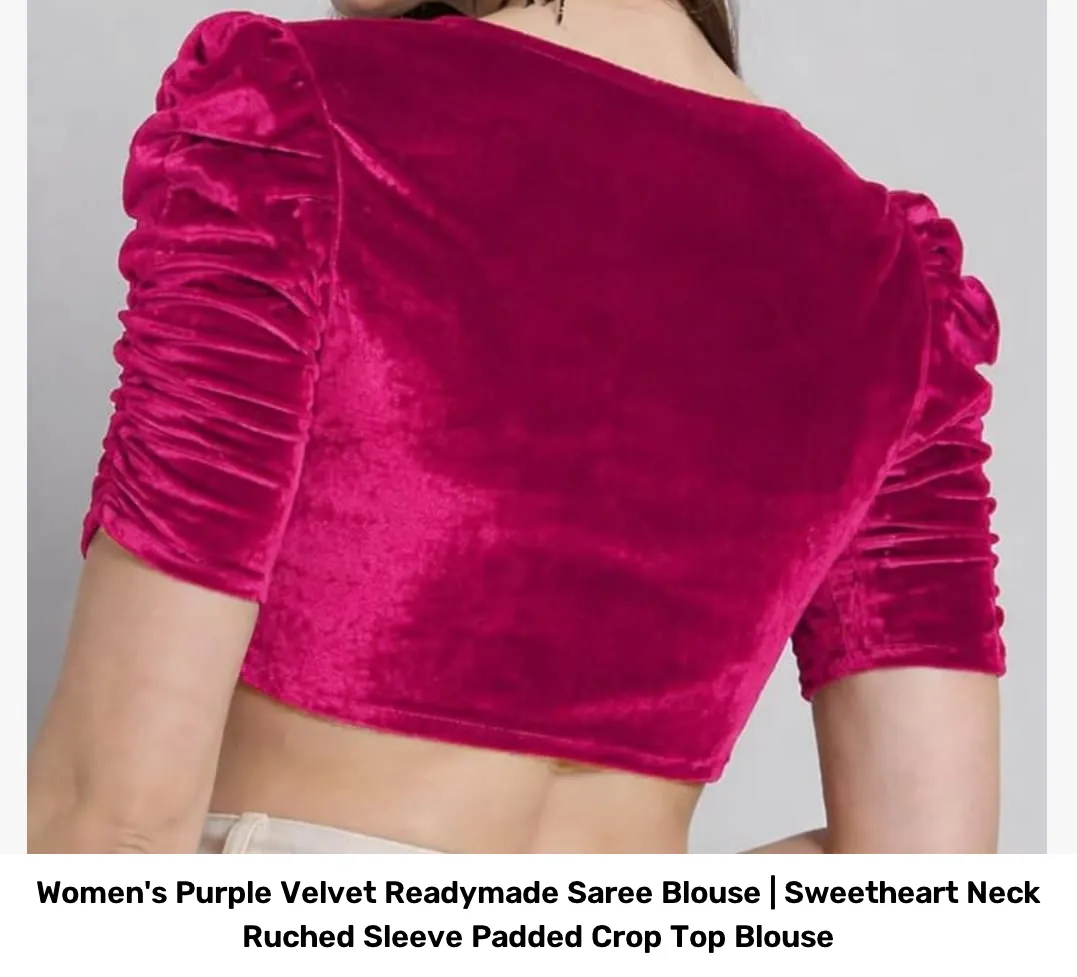 Women's Purple Velvet Readymade Saree Blouse | Sweetheart Neck Ruched Sleeve Padded Crop Top Blouse 7