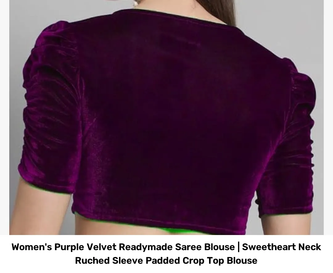 Women's Purple Velvet Readymade Saree Blouse | Sweetheart Neck Ruched Sleeve Padded Crop Top Blouse 8