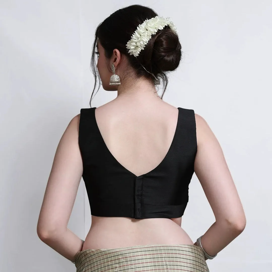 Women's Raw Silk Sleeveless Saree Blouse – Padded Deep V-Neck Readymade Choli Crop Top 1