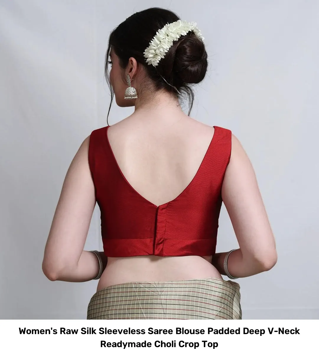 Women's Raw Silk Sleeveless Saree Blouse – Padded Deep V-Neck Readymade Choli Crop Top 2