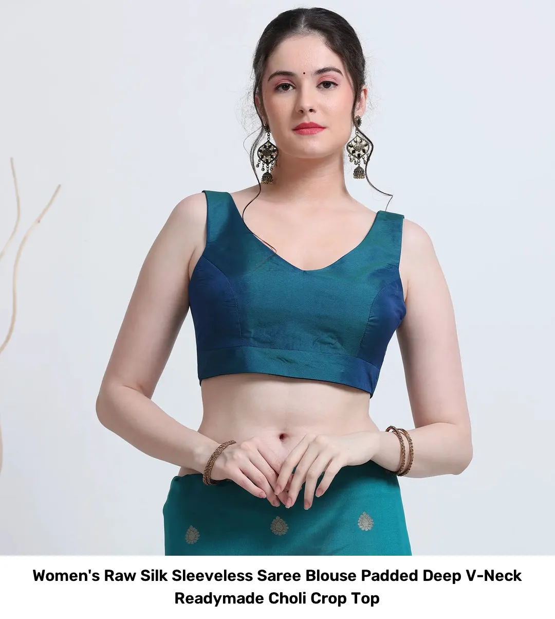 Women's Raw Silk Sleeveless Saree Blouse – Padded Deep V-Neck Readymade Choli Crop Top 3