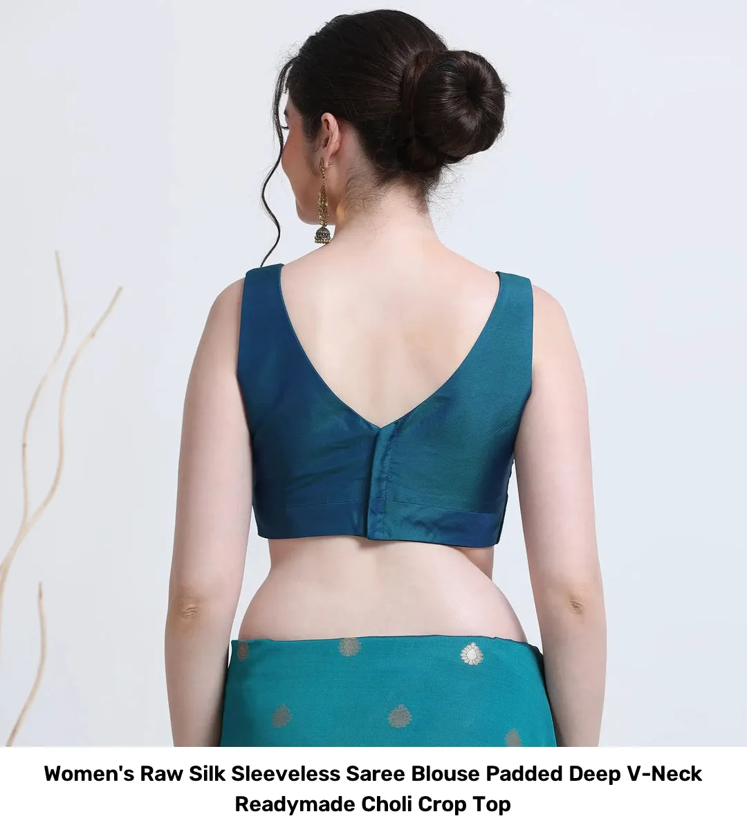 Women's Raw Silk Sleeveless Saree Blouse – Padded Deep V-Neck Readymade Choli Crop Top 6