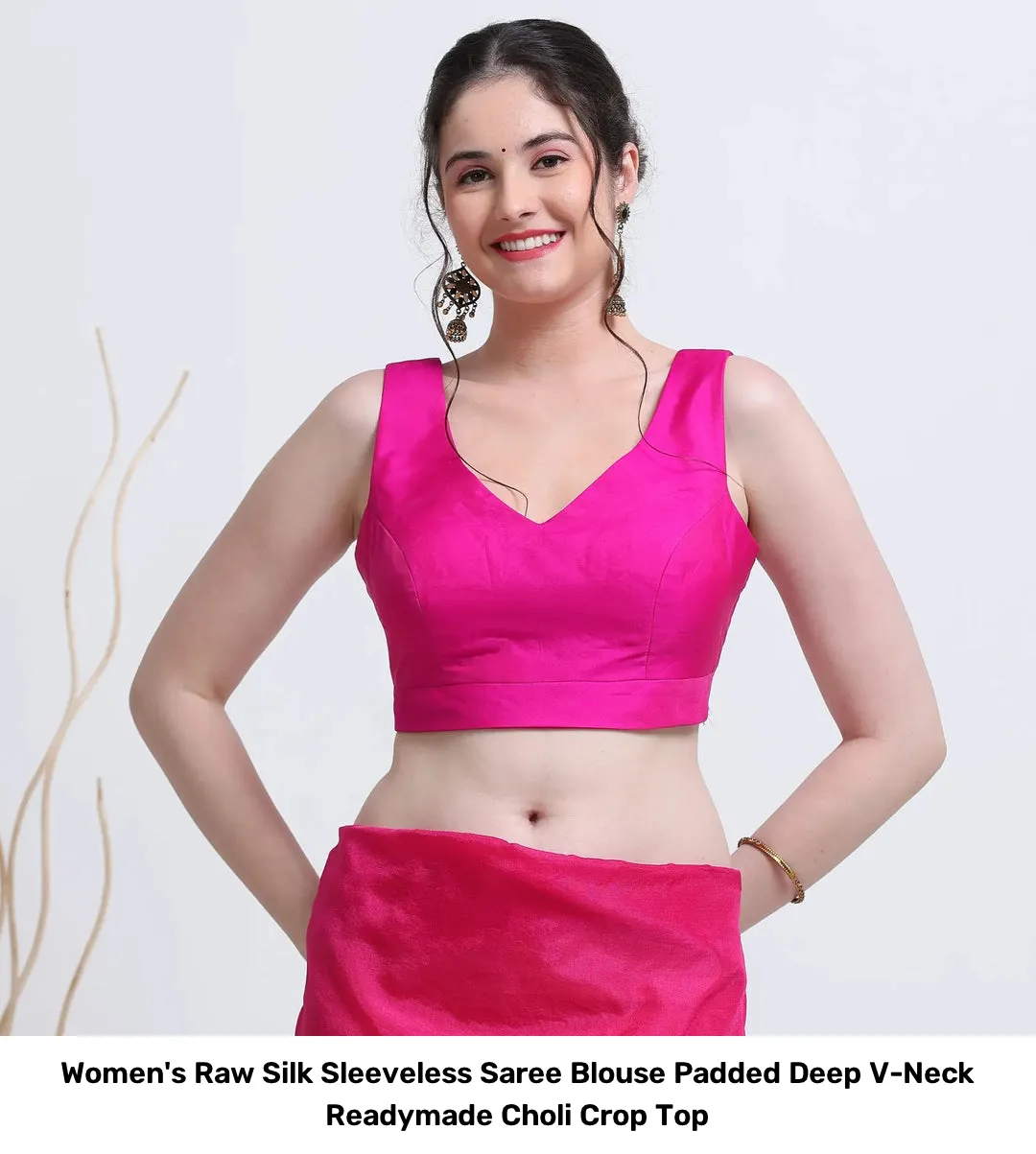Women's Raw Silk Sleeveless Saree Blouse – Padded Deep V-Neck Readymade Choli Crop Top 9