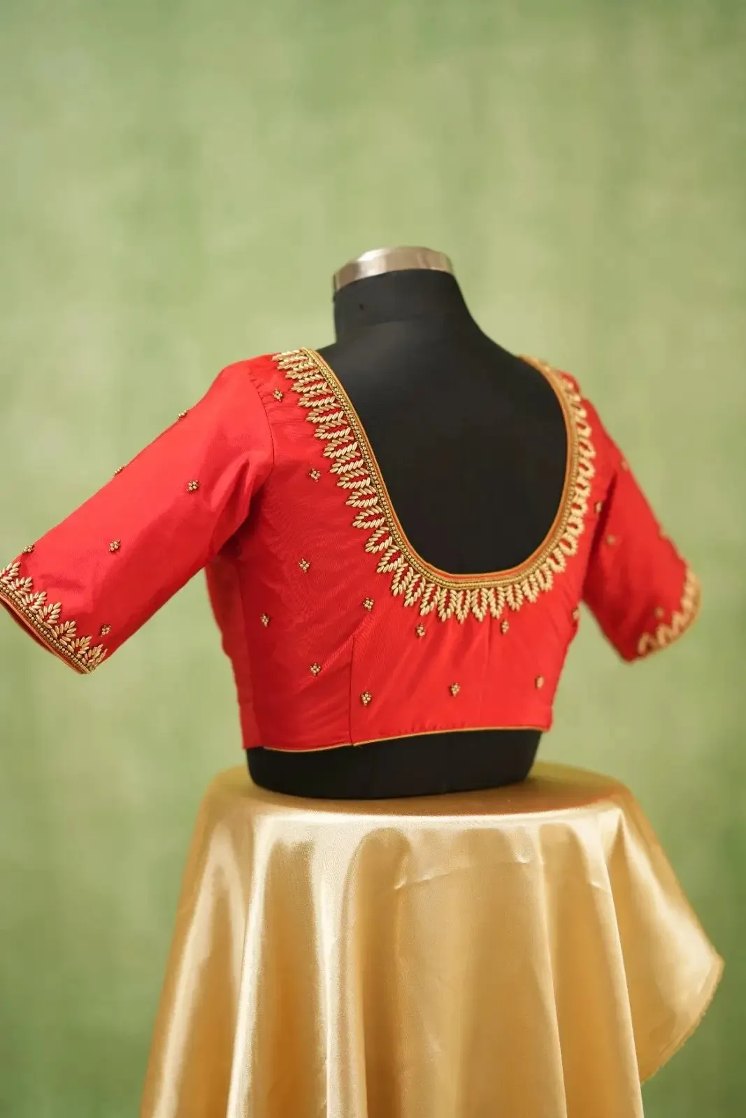 Women's Red Raw Silk Saree Blouse – Gold Zardosi & Bead Handwork Readymade Bridal Choli 1