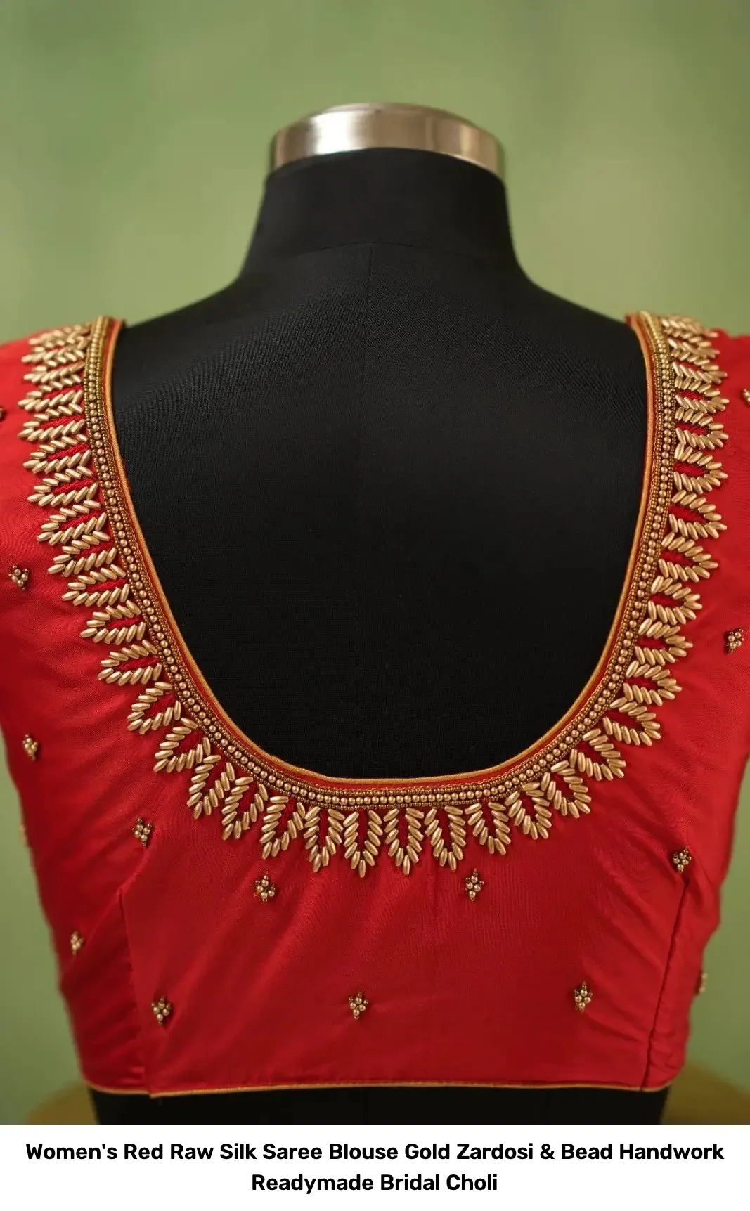 Women's Red Raw Silk Saree Blouse – Gold Zardosi & Bead Handwork Readymade Bridal Choli 2