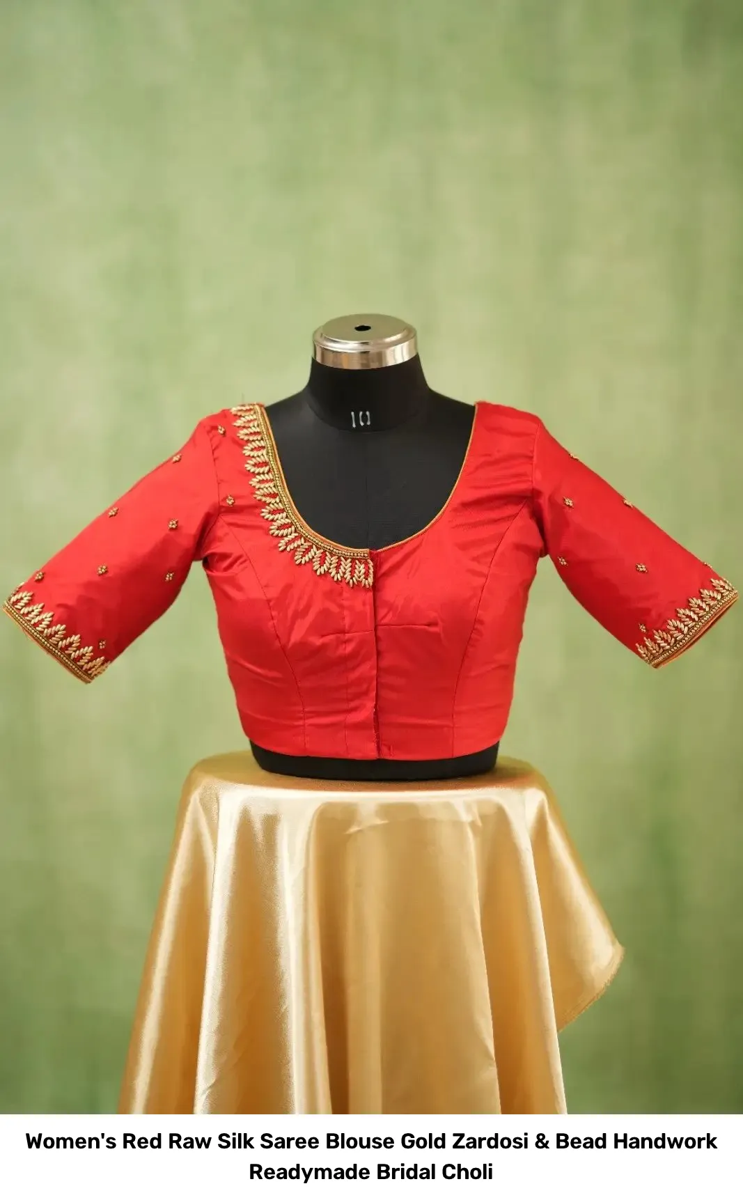 Women's Red Raw Silk Saree Blouse – Gold Zardosi & Bead Handwork Readymade Bridal Choli 3