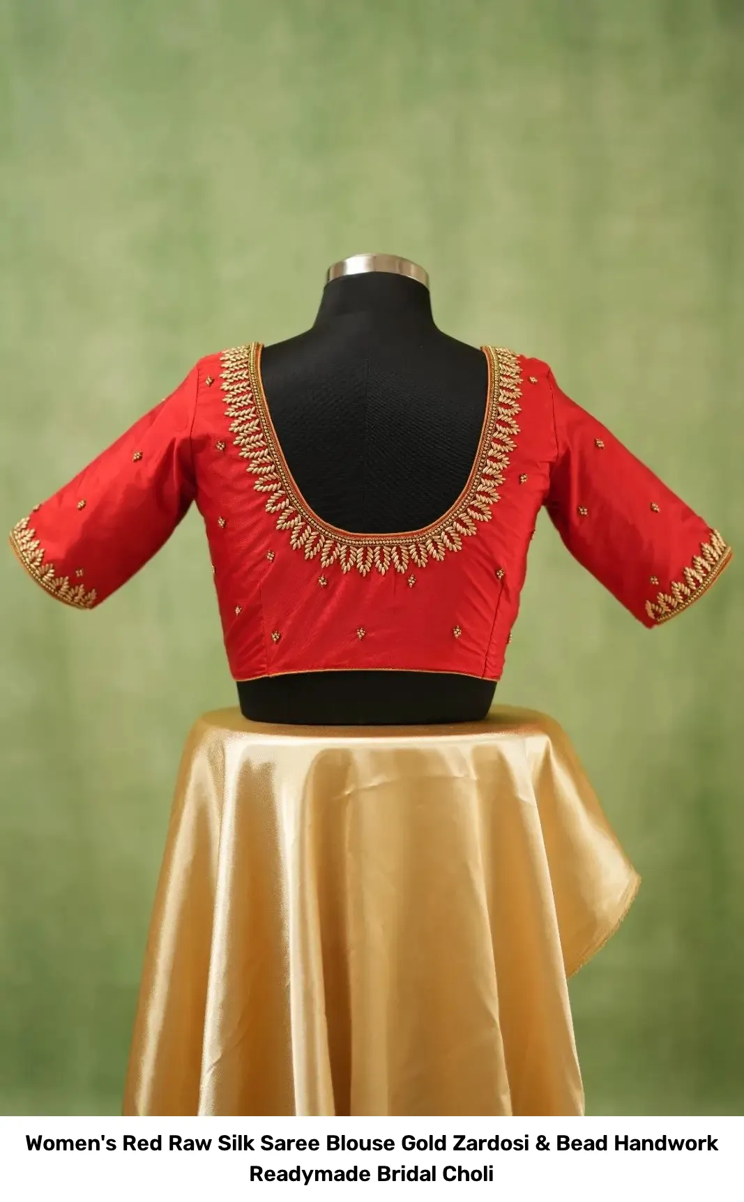Women's Red Raw Silk Saree Blouse – Gold Zardosi & Bead Handwork Readymade Bridal Choli 4